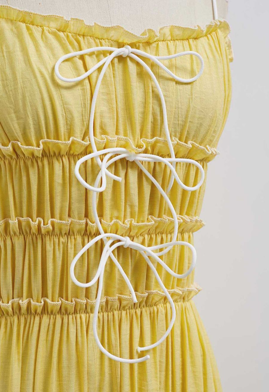 Self-Tie Bowknot Ruffle Cami Midi Dress in Yellow