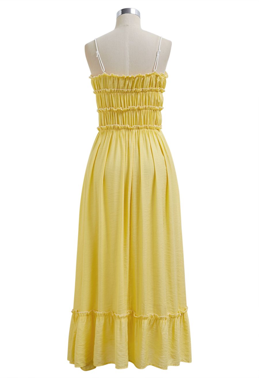 Self-Tie Bowknot Ruffle Cami Midi Dress in Yellow
