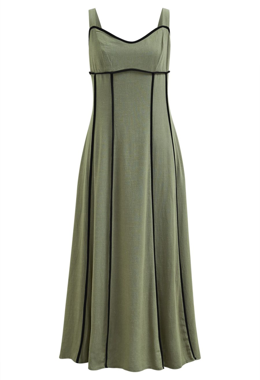 Contrast Binding Linen-Blend Cami Dress in Army Green
