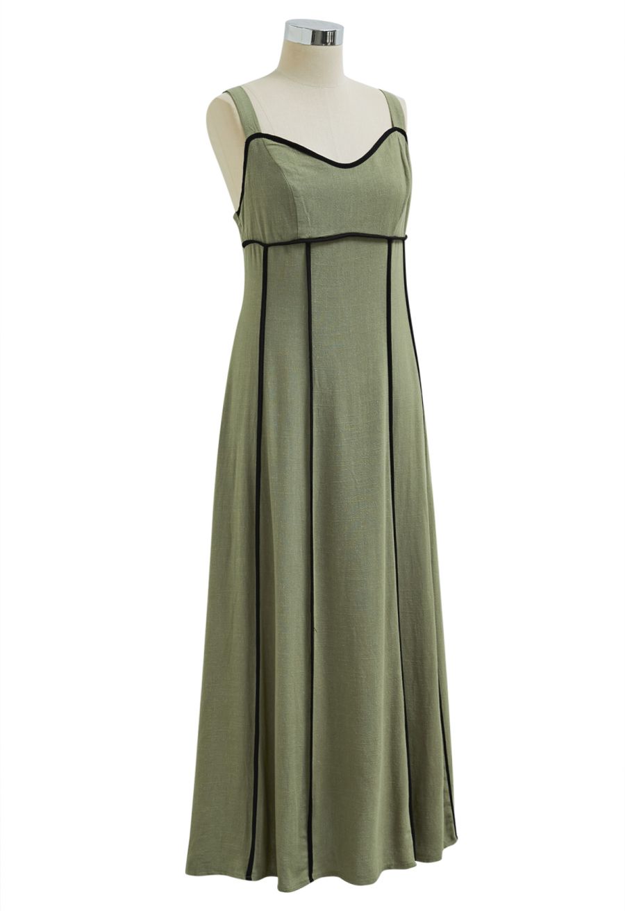 Contrast Binding Linen-Blend Cami Dress in Army Green