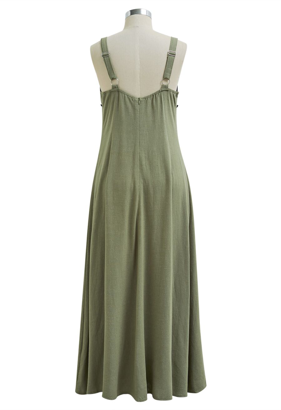 Contrast Binding Linen-Blend Cami Dress in Army Green