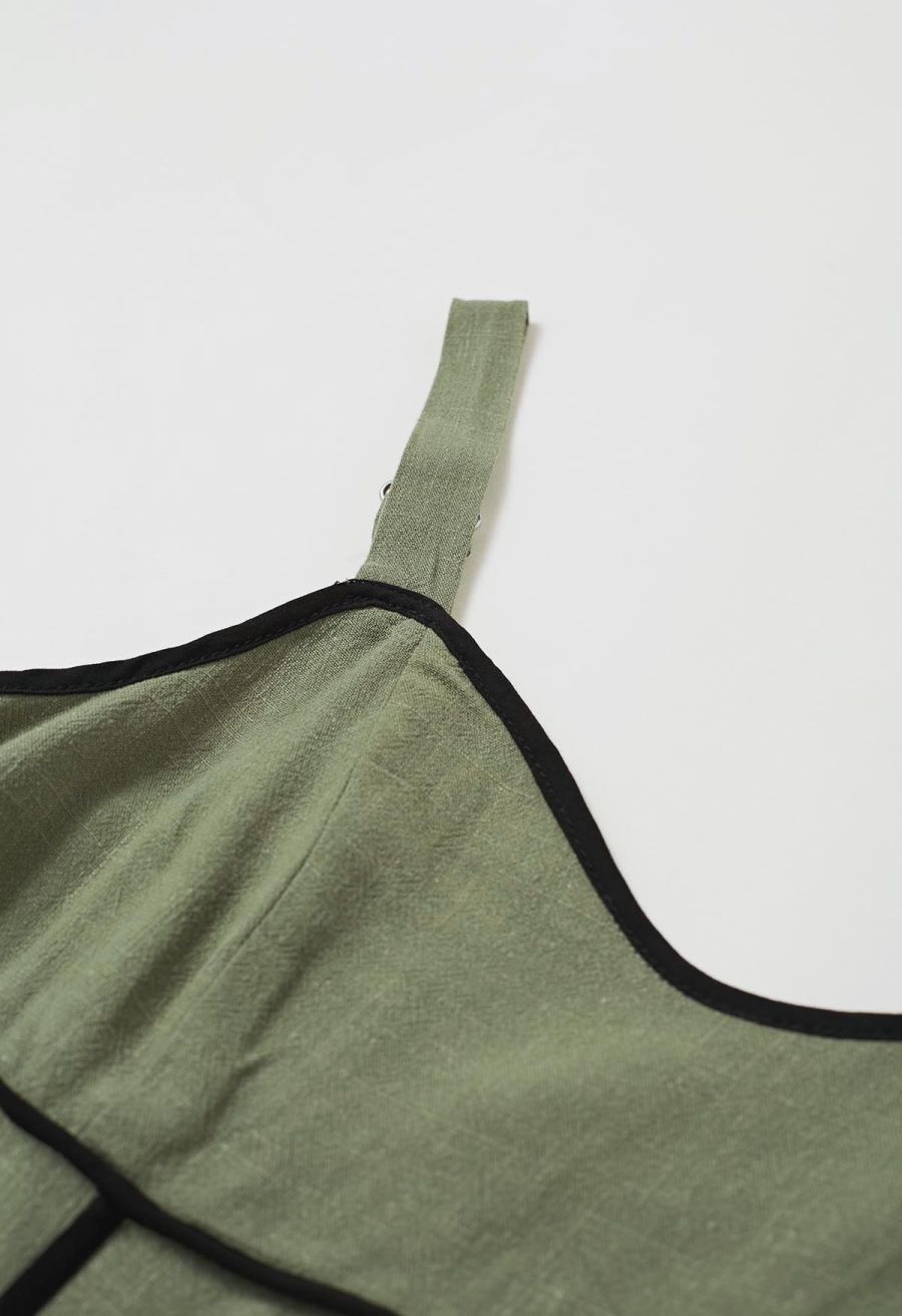 Contrast Binding Linen-Blend Cami Dress in Army Green