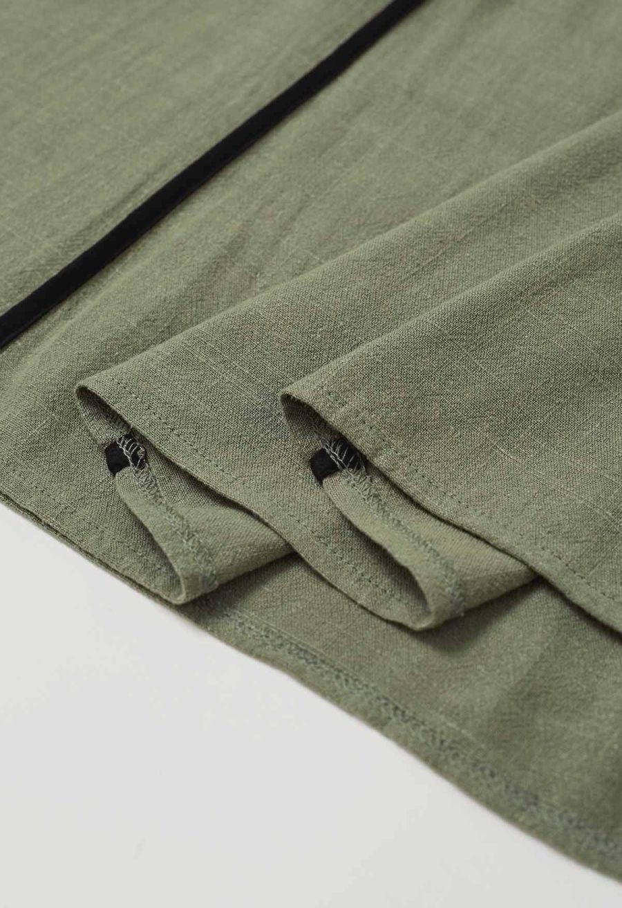 Contrast Binding Linen-Blend Cami Dress in Army Green