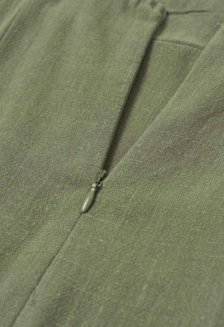 Contrast Binding Linen-Blend Cami Dress in Army Green