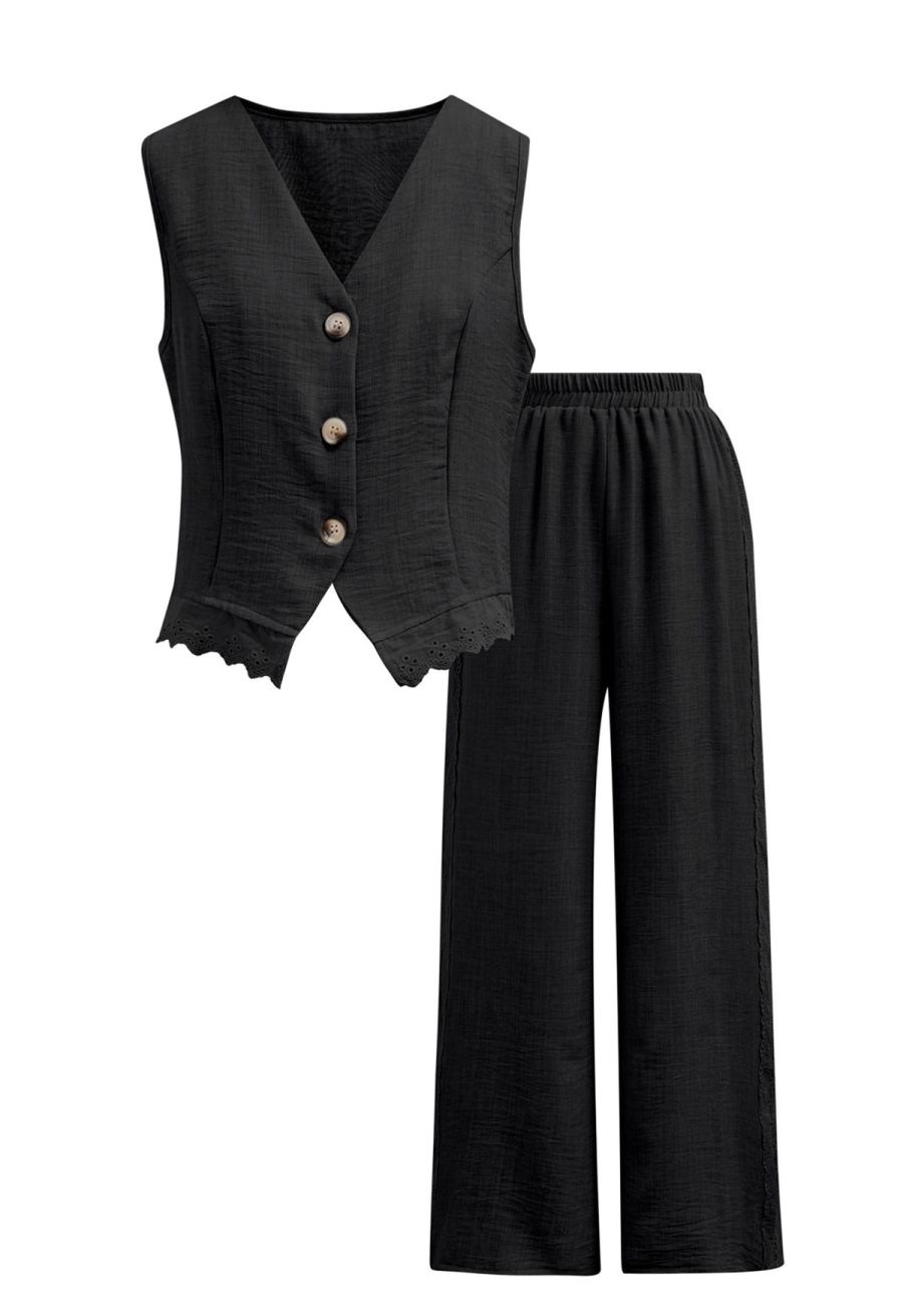 Lace Trim Buttoned Vest and Pants Set in Black