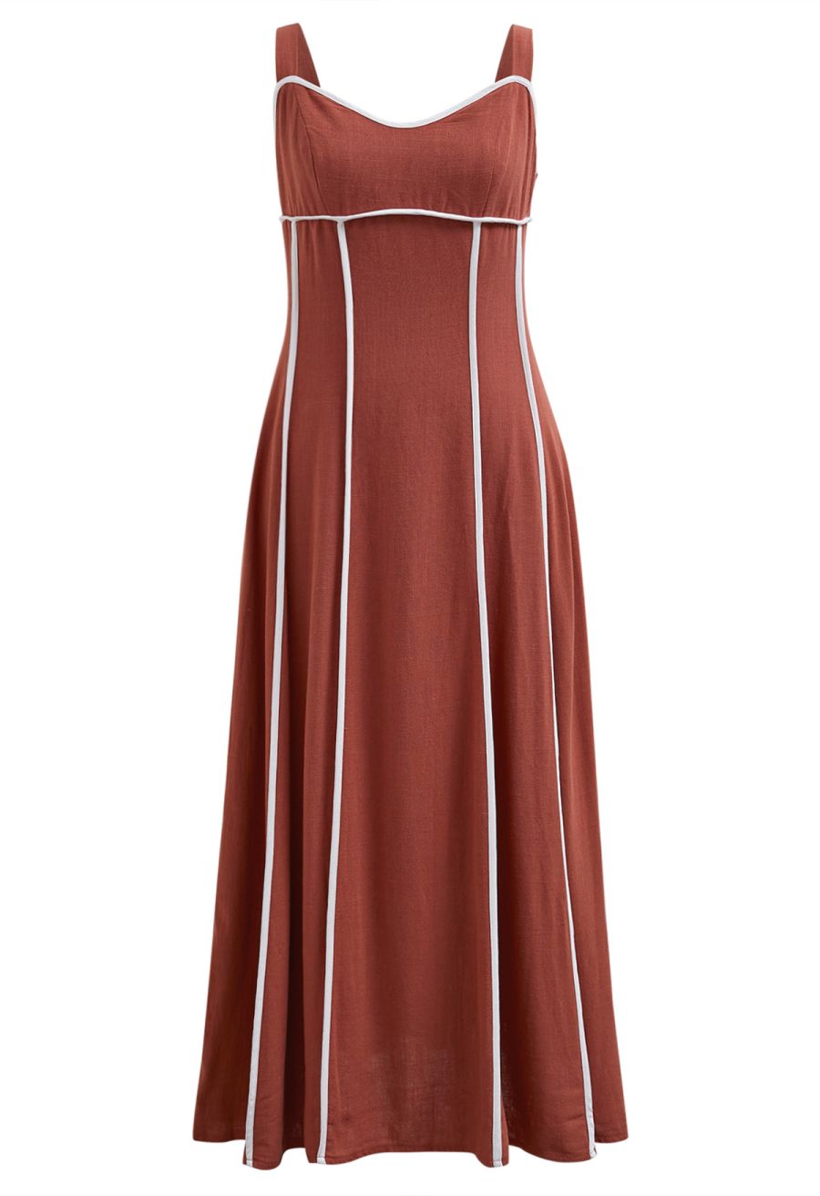 Contrast Binding Linen-Blend Cami Dress in Rust