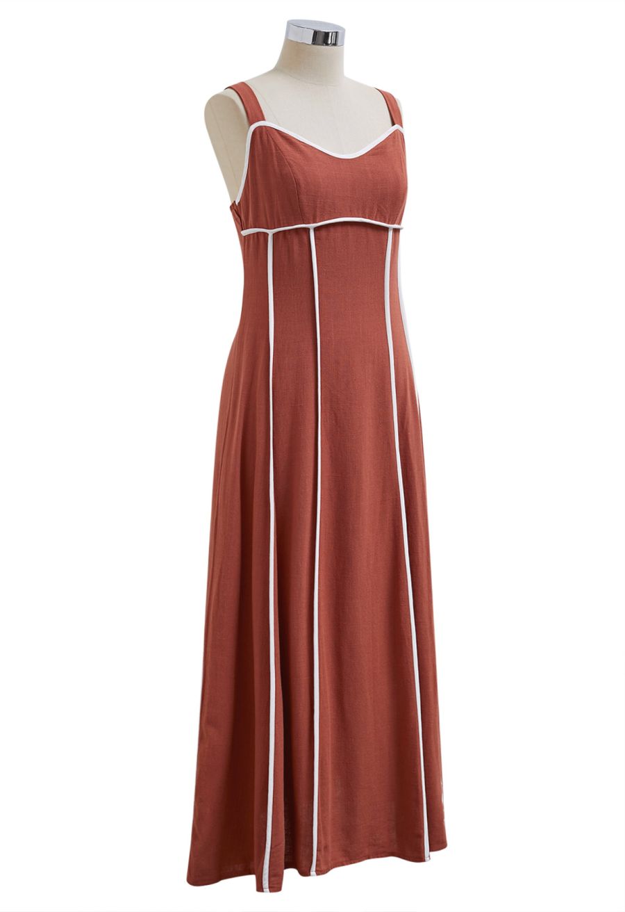 Contrast Binding Linen-Blend Cami Dress in Rust