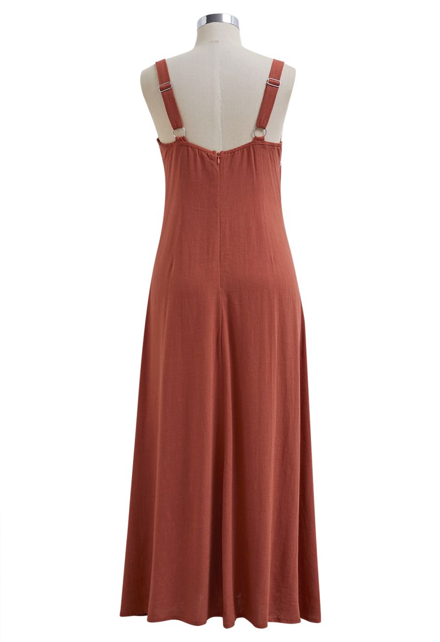Contrast Binding Linen-Blend Cami Dress in Rust