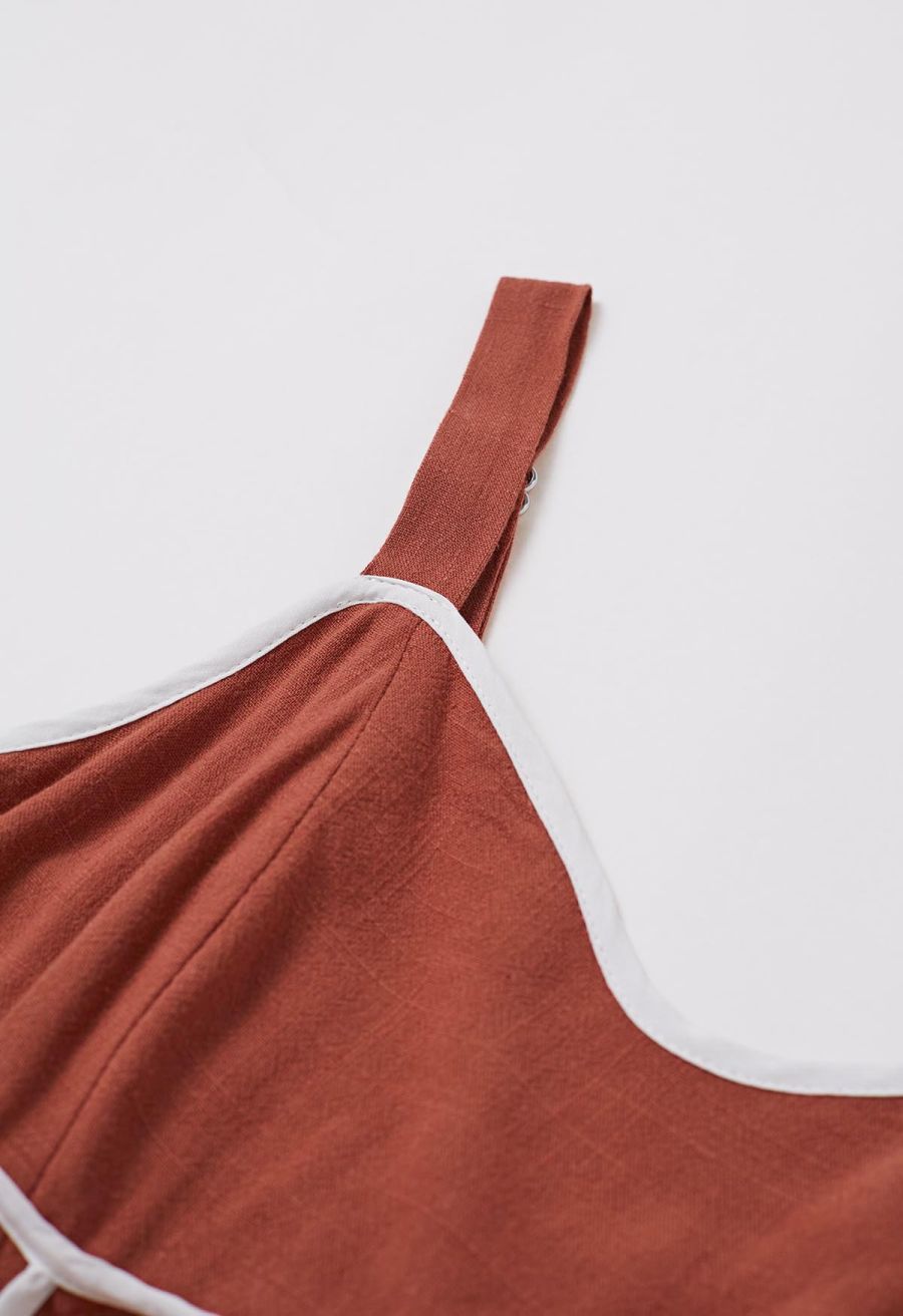 Contrast Binding Linen-Blend Cami Dress in Rust