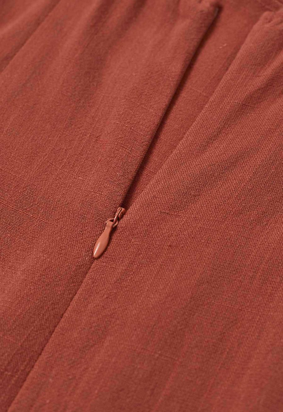 Contrast Binding Linen-Blend Cami Dress in Rust