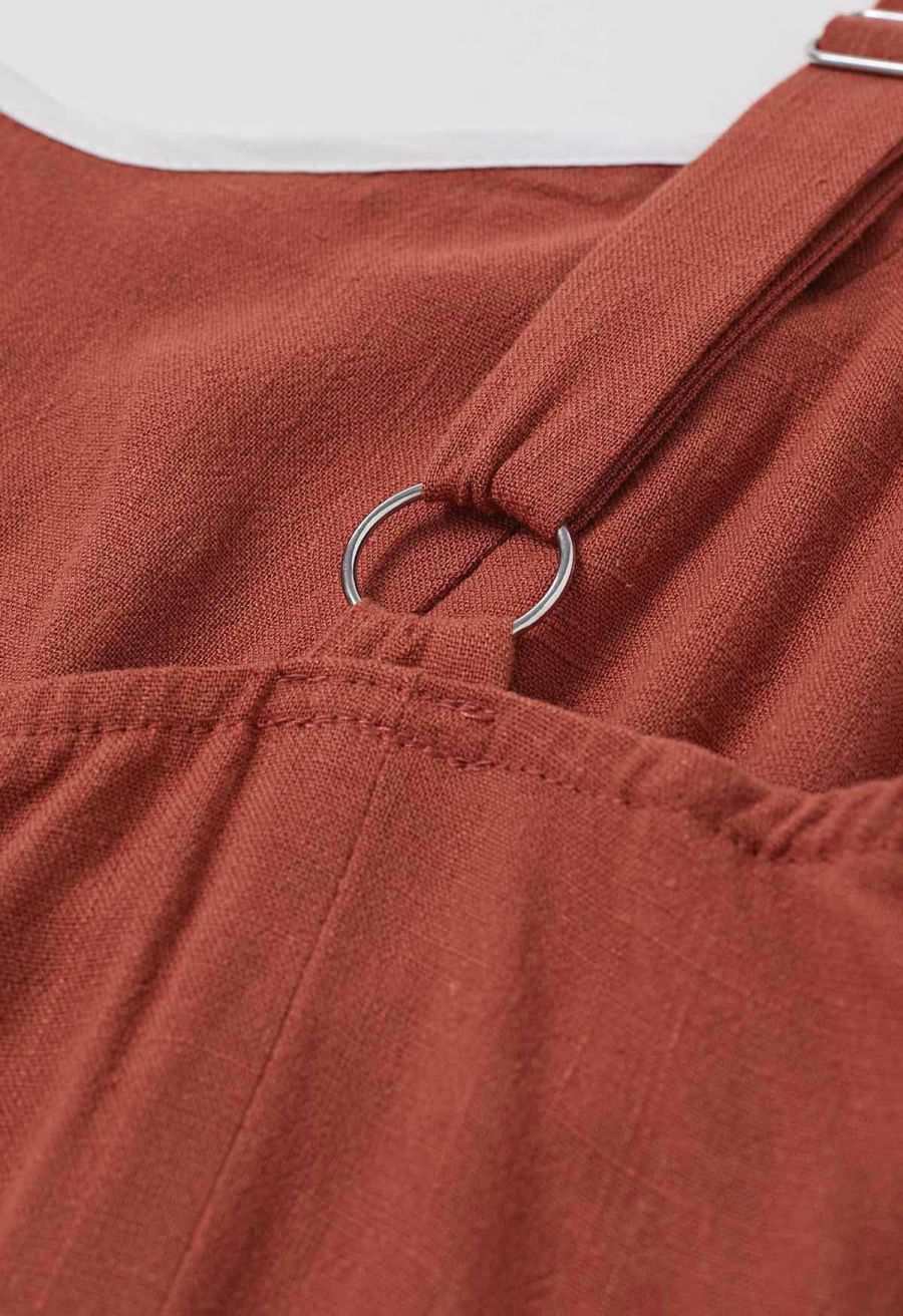 Contrast Binding Linen-Blend Cami Dress in Rust