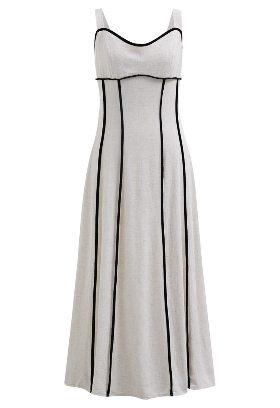Contrast Binding Linen-Blend Cami Dress in Ivory