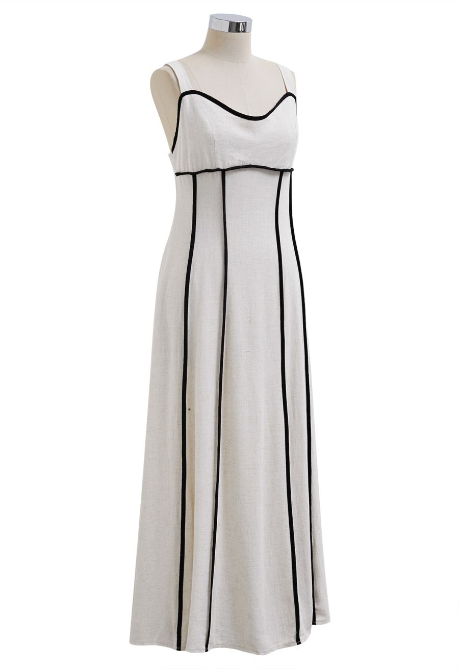 Contrast Binding Linen-Blend Cami Dress in Ivory