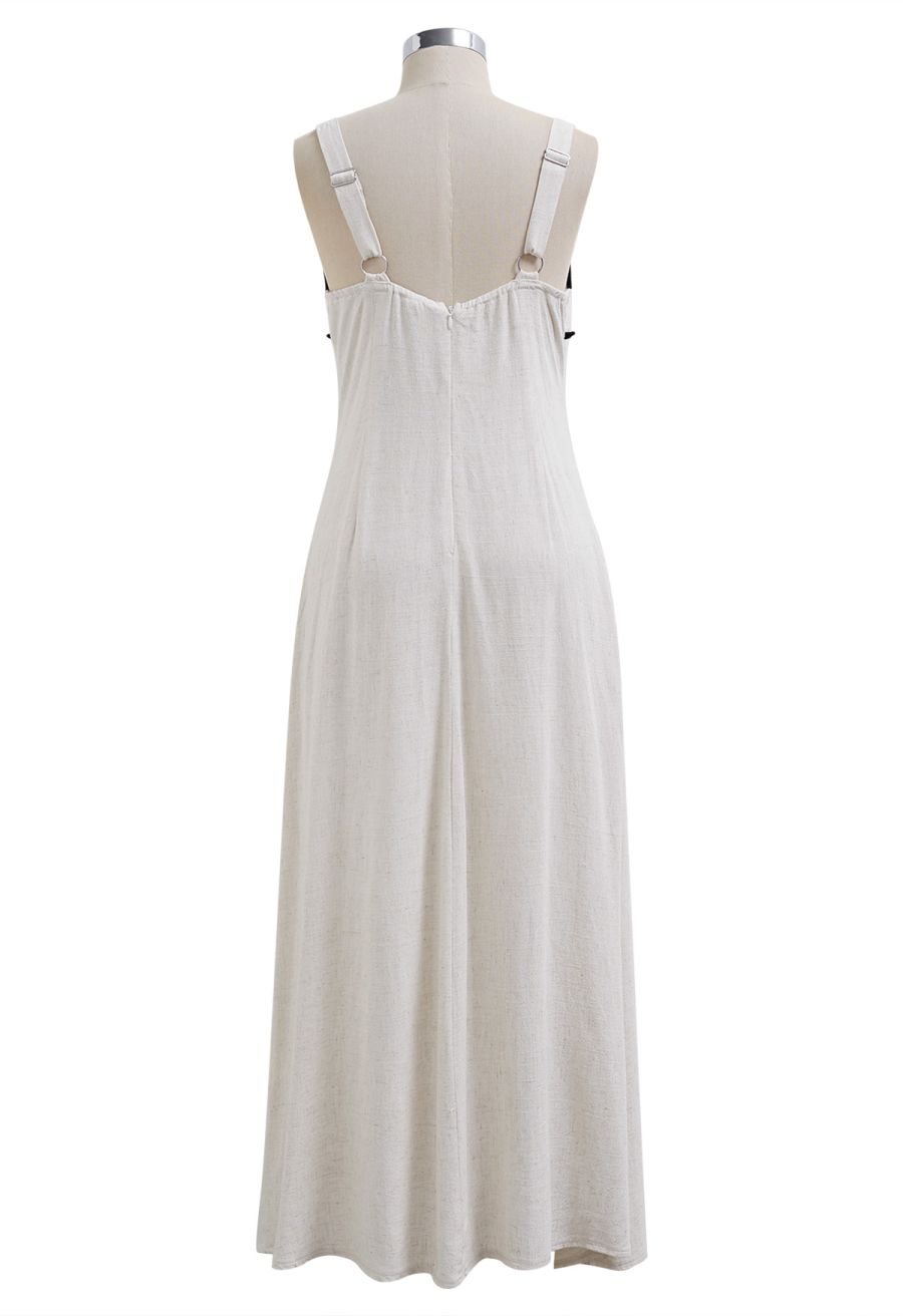 Contrast Binding Linen-Blend Cami Dress in Ivory