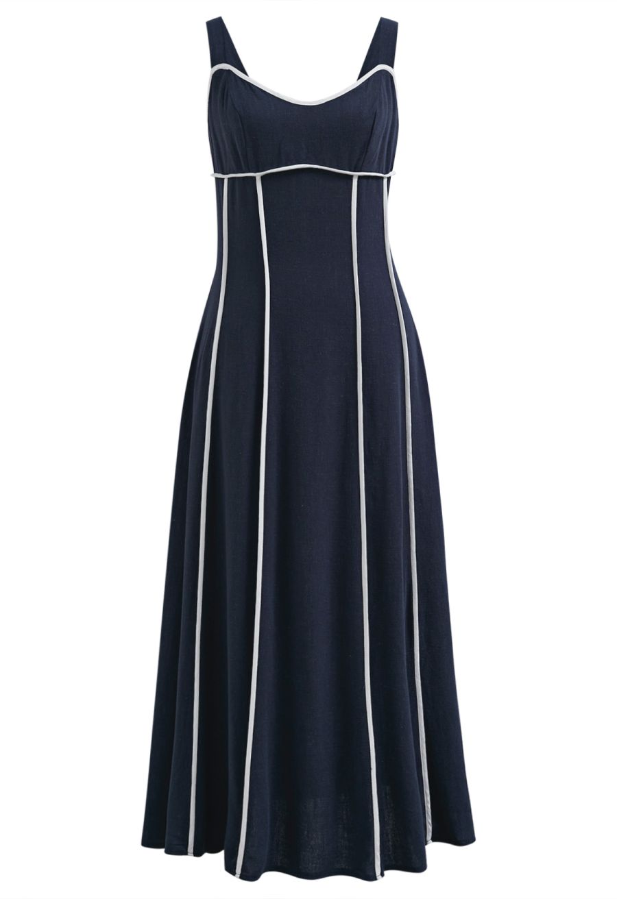 Contrast Binding Linen-Blend Cami Dress in Navy