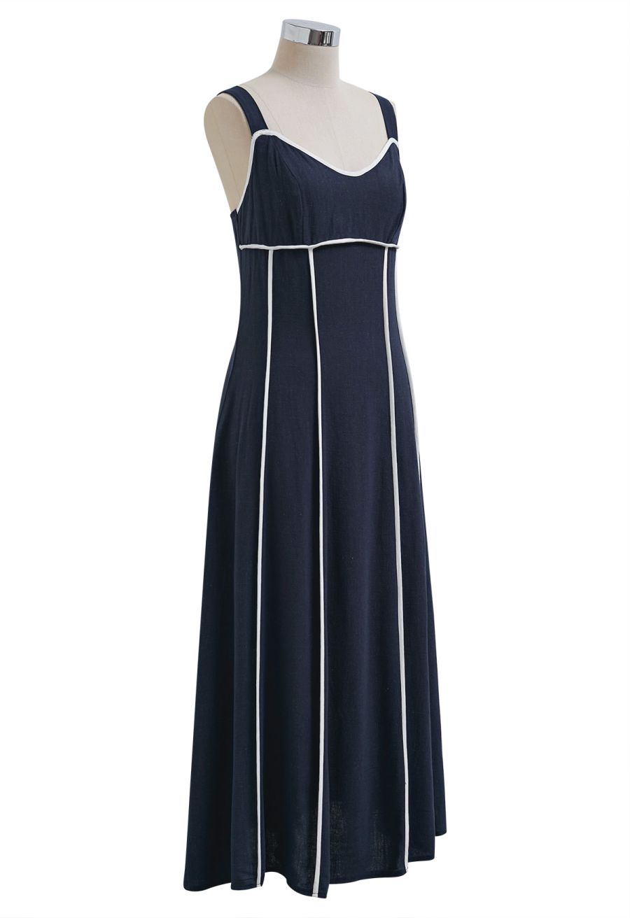 Contrast Binding Linen-Blend Cami Dress in Navy