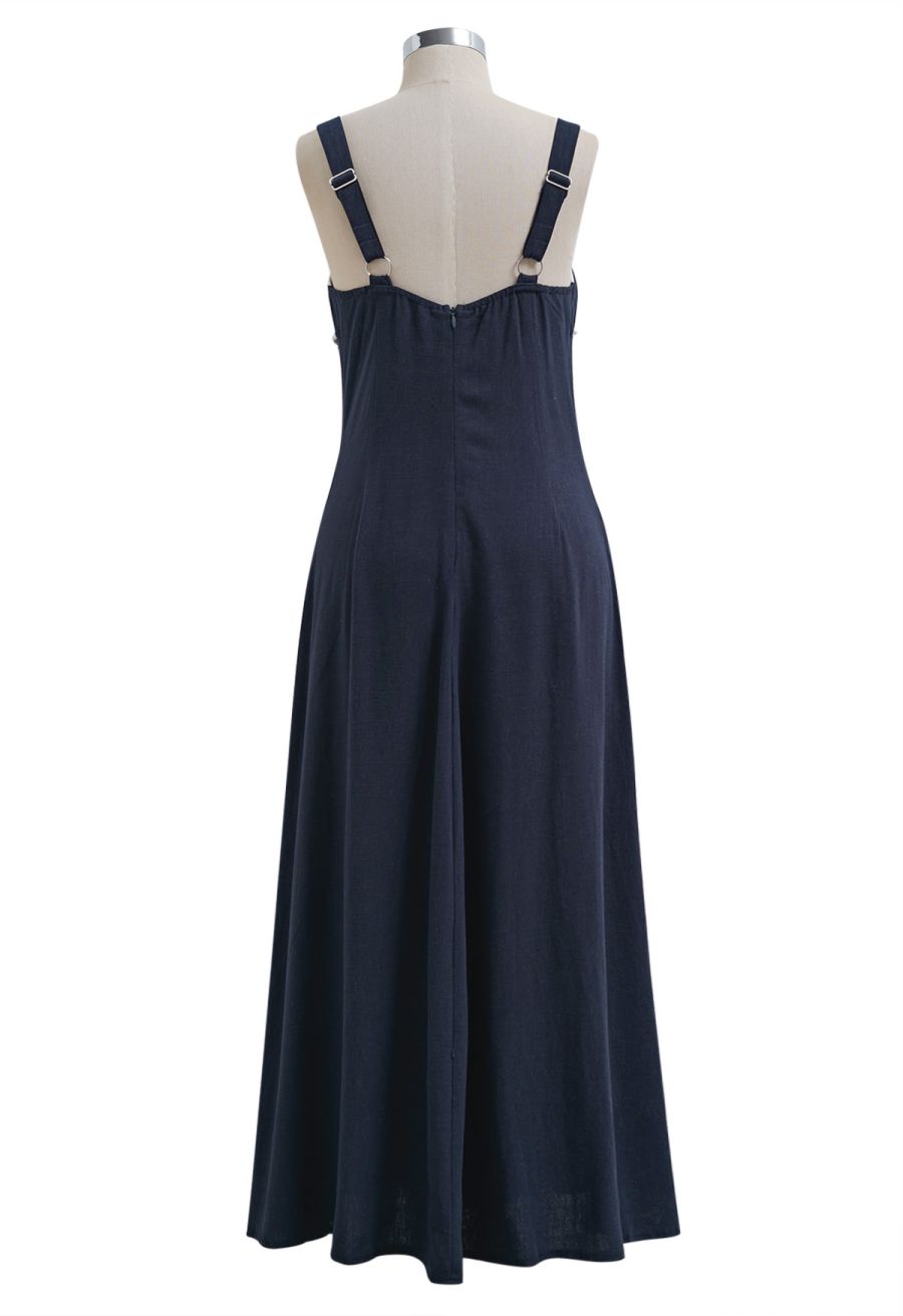 Contrast Binding Linen-Blend Cami Dress in Navy