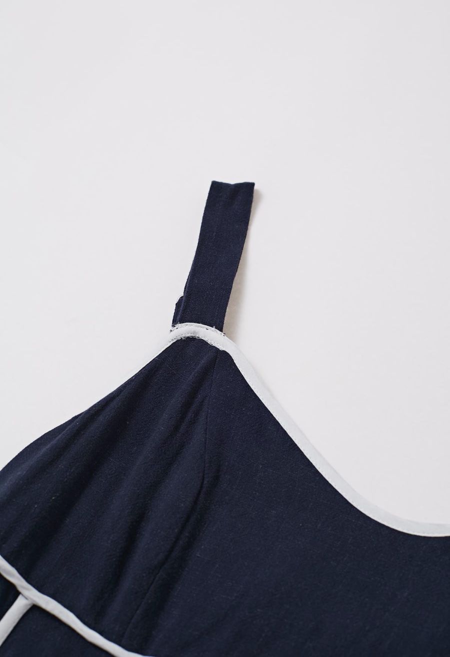 Contrast Binding Linen-Blend Cami Dress in Navy