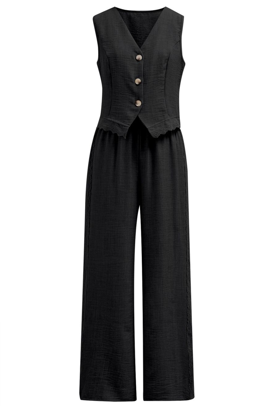 Lace Trim Buttoned Vest and Pants Set in Black