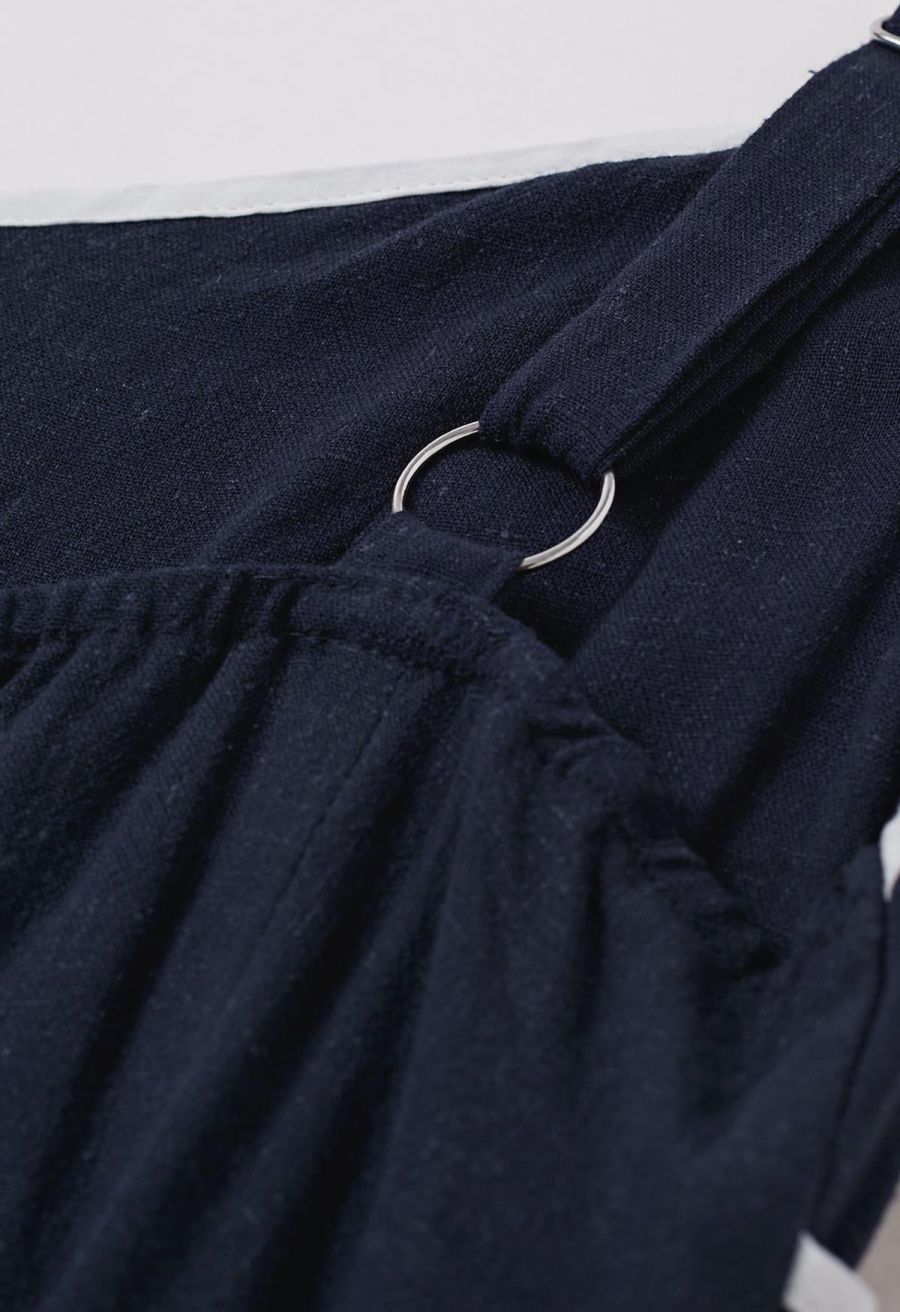 Contrast Binding Linen-Blend Cami Dress in Navy