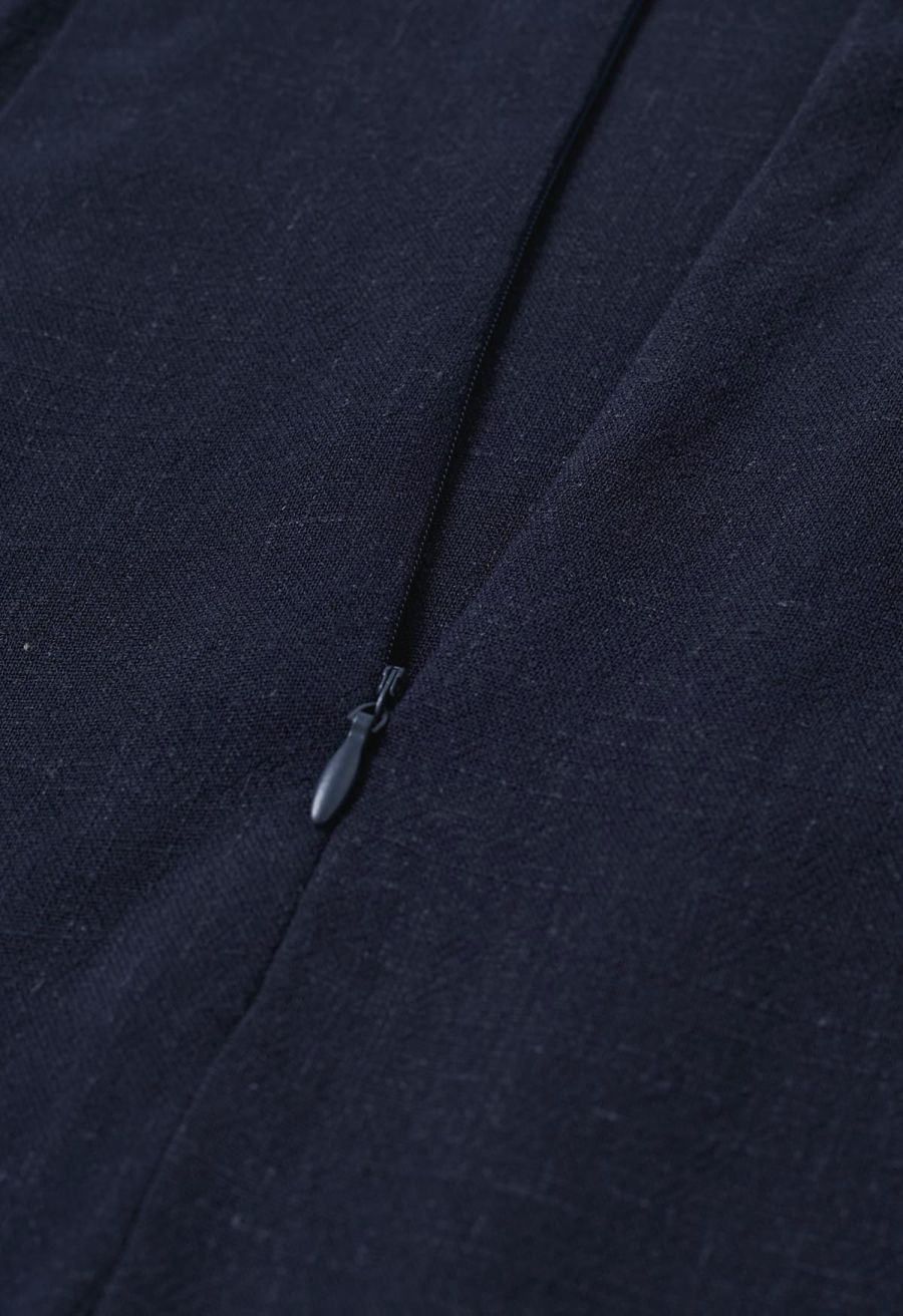 Contrast Binding Linen-Blend Cami Dress in Navy