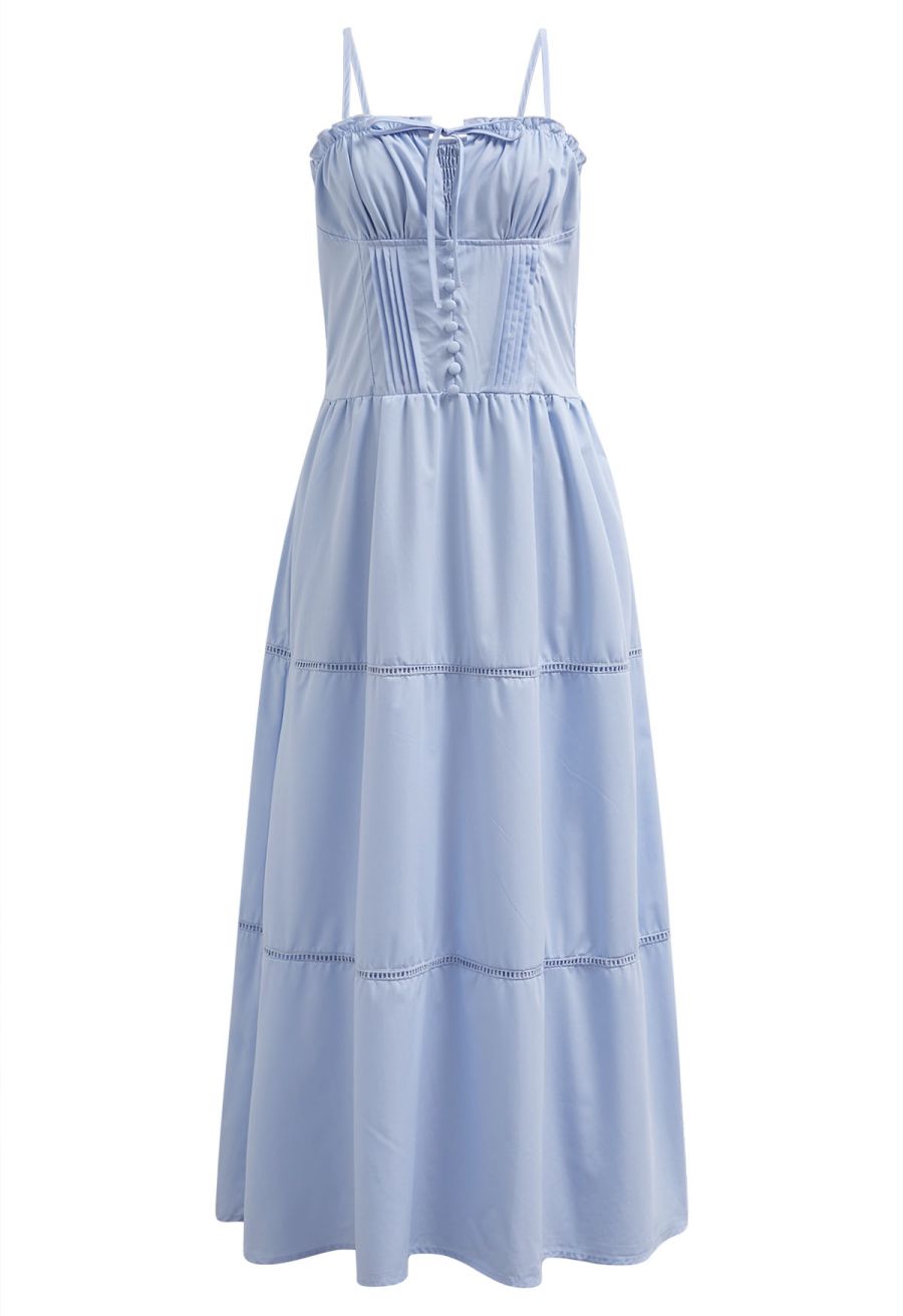 Button Decor Pintuck Eyelet Shirred Dress in Light Blue