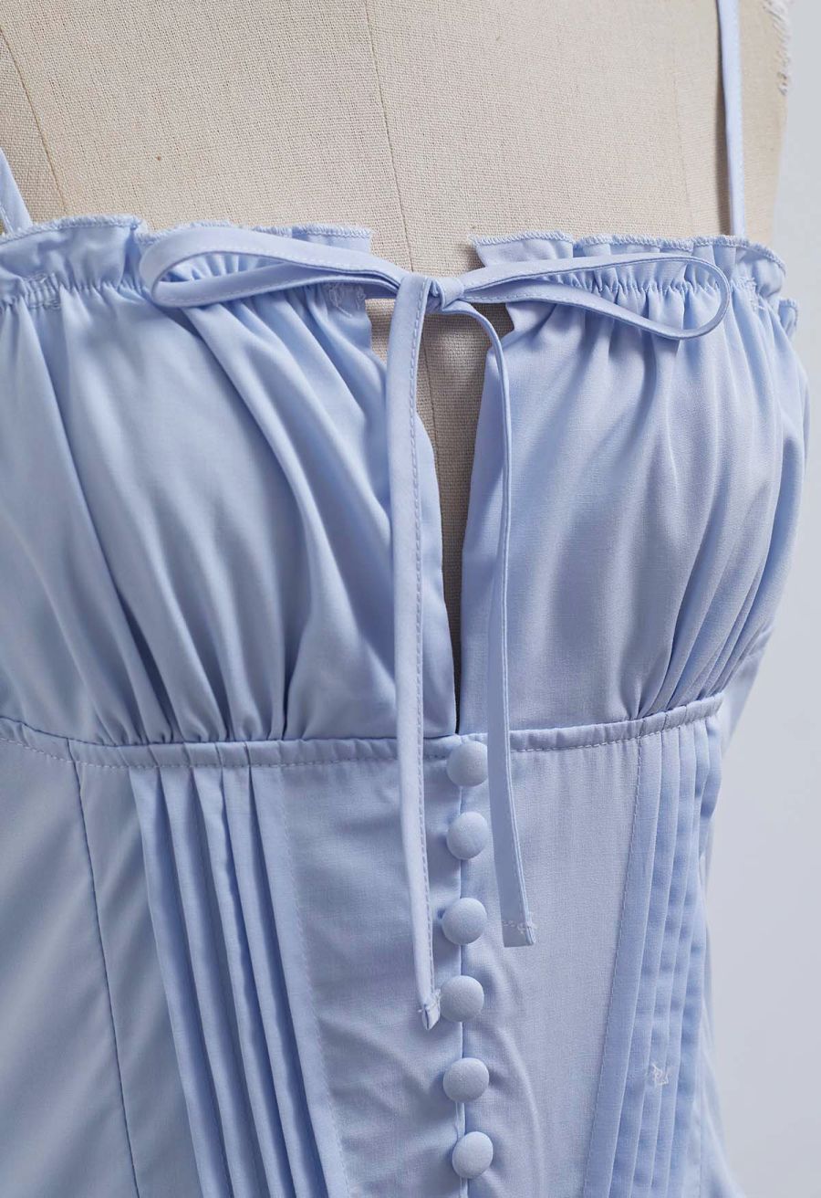 Button Decor Pintuck Eyelet Shirred Dress in Light Blue