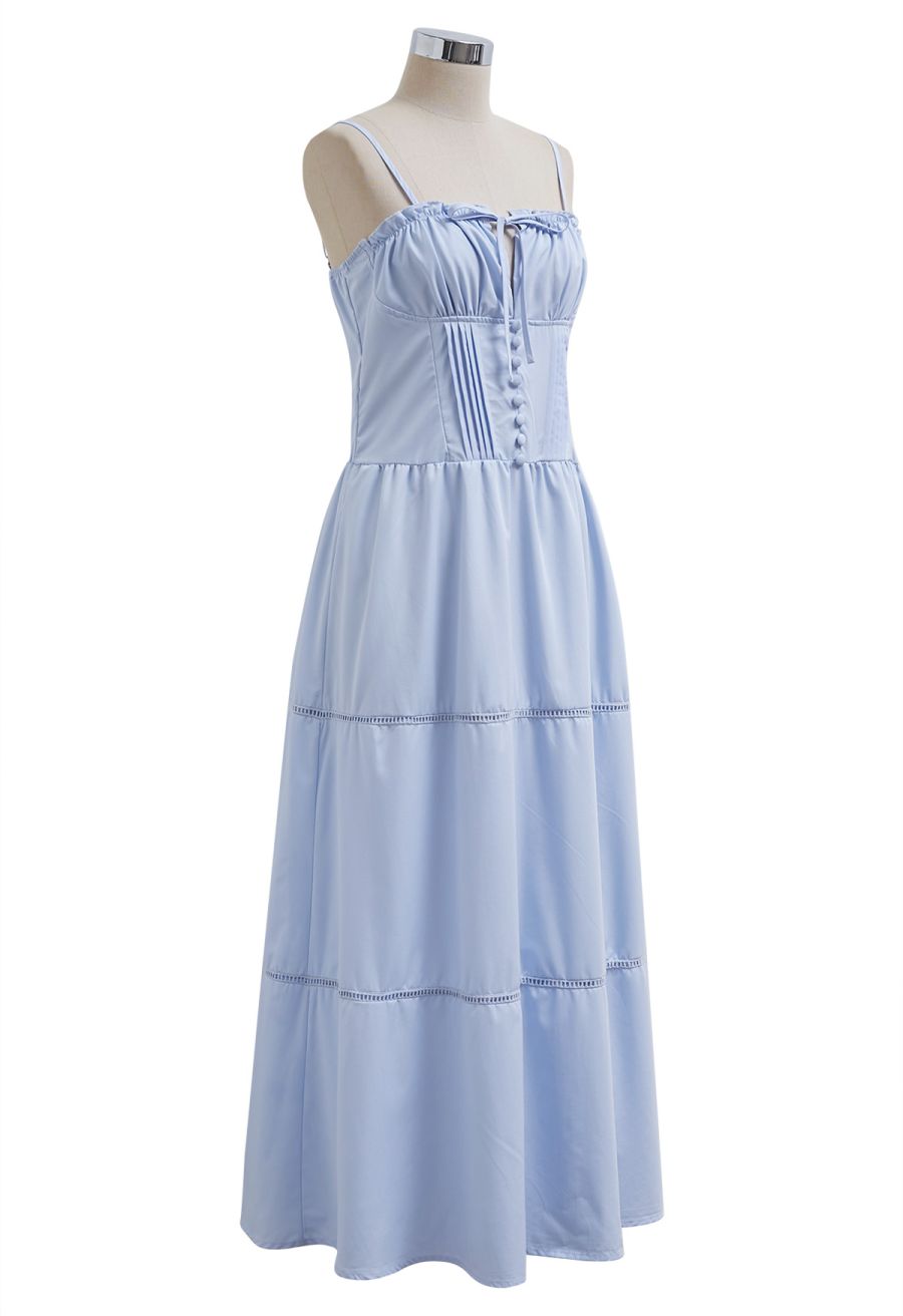Button Decor Pintuck Eyelet Shirred Dress in Light Blue