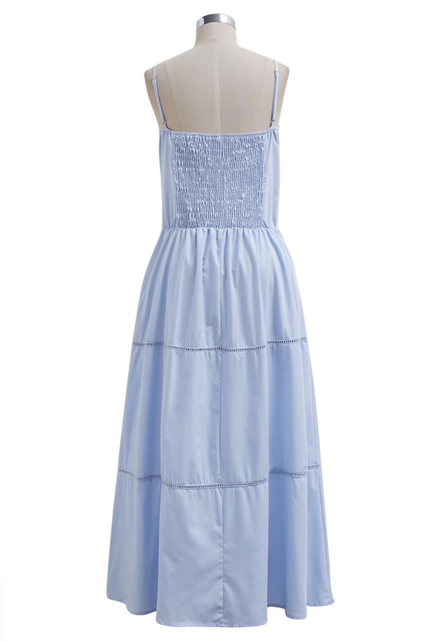 Button Decor Pintuck Eyelet Shirred Dress in Light Blue
