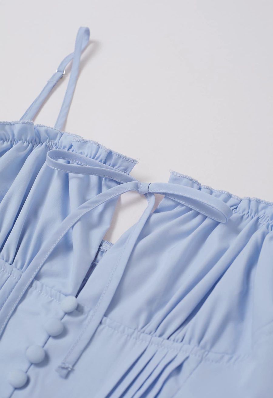 Button Decor Pintuck Eyelet Shirred Dress in Light Blue