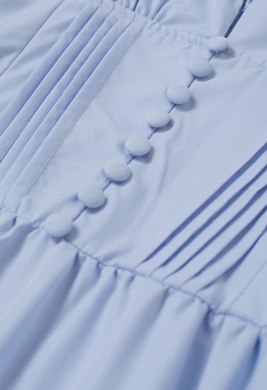 Button Decor Pintuck Eyelet Shirred Dress in Light Blue