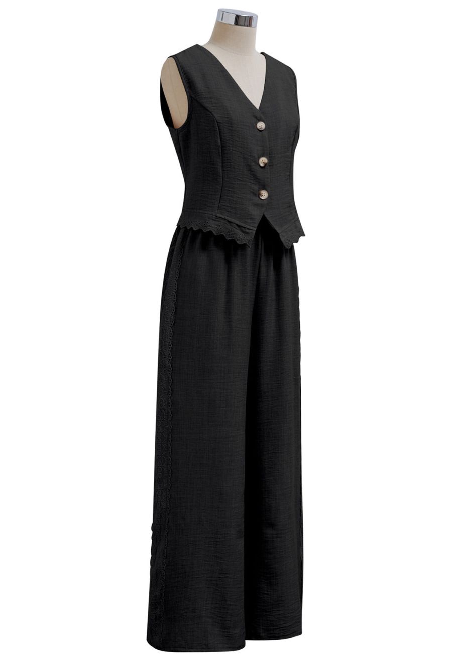 Lace Trim Buttoned Vest and Pants Set in Black