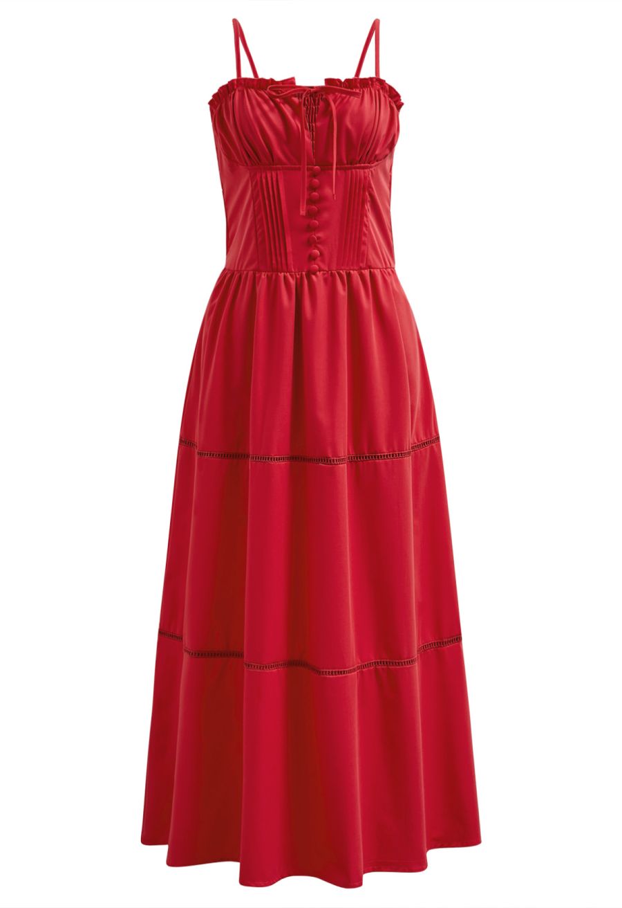 Button Decor Pintuck Eyelet Shirred Dress in Red