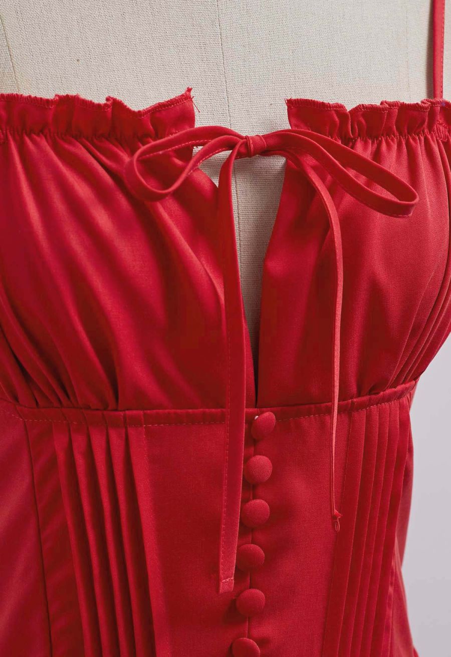 Button Decor Pintuck Eyelet Shirred Dress in Red