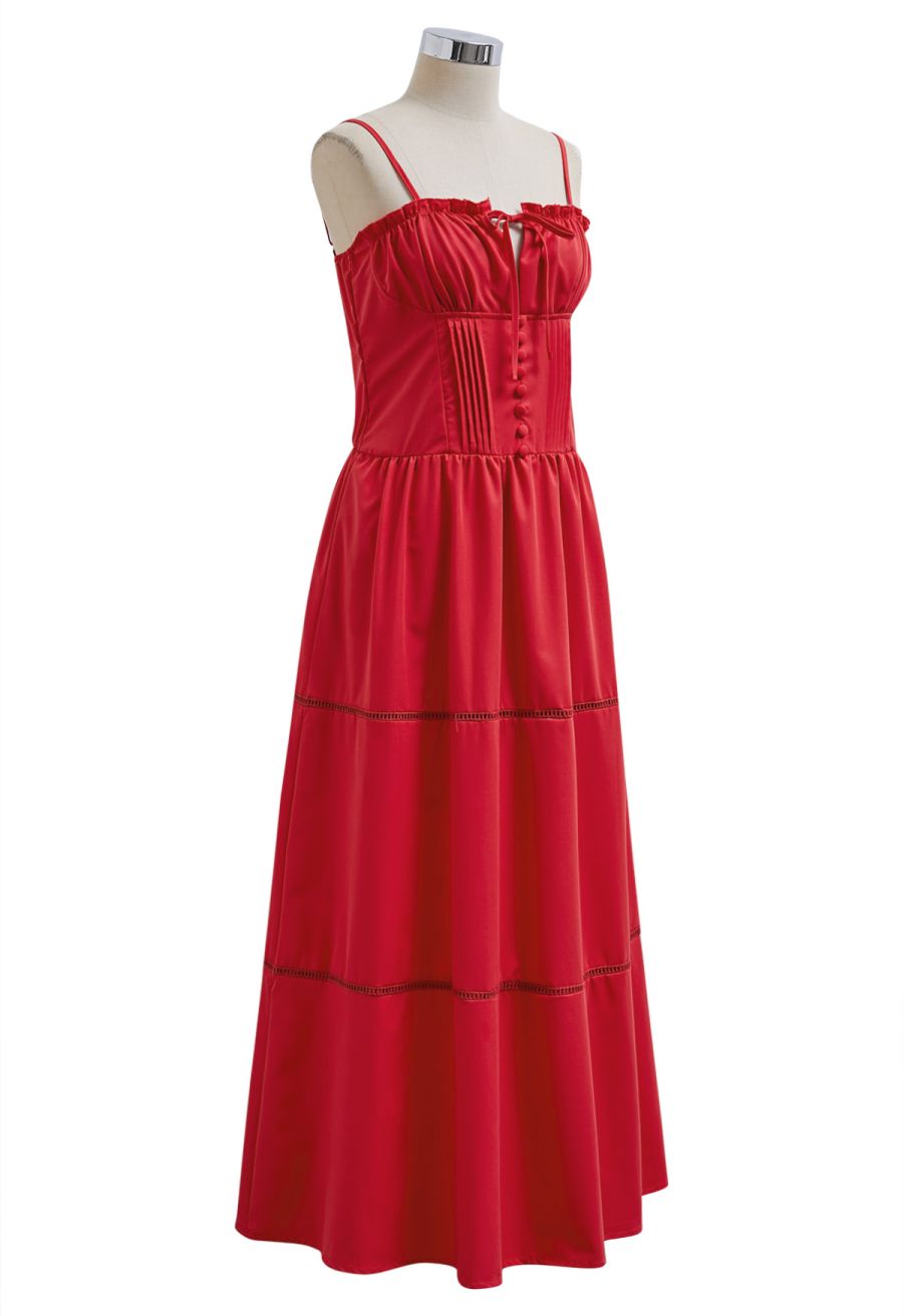 Button Decor Pintuck Eyelet Shirred Dress in Red
