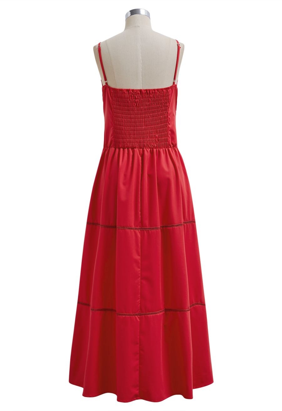 Button Decor Pintuck Eyelet Shirred Dress in Red