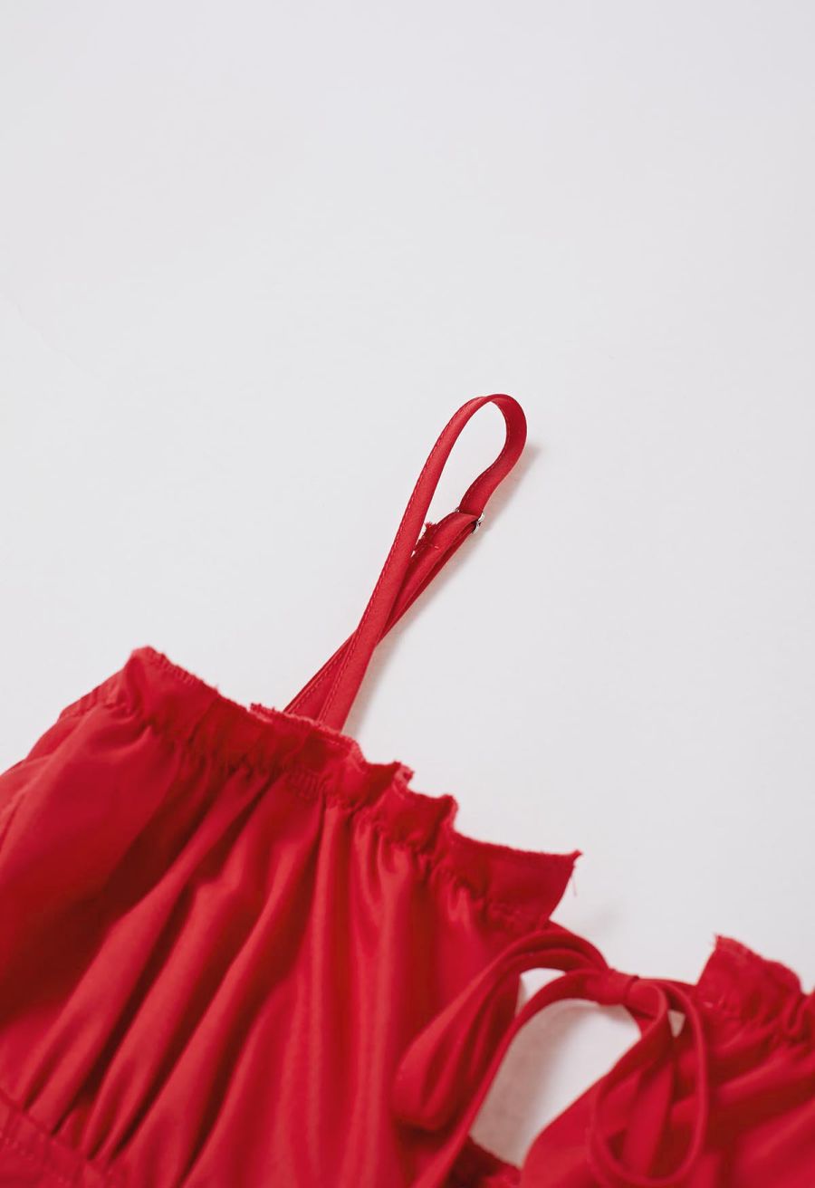 Button Decor Pintuck Eyelet Shirred Dress in Red