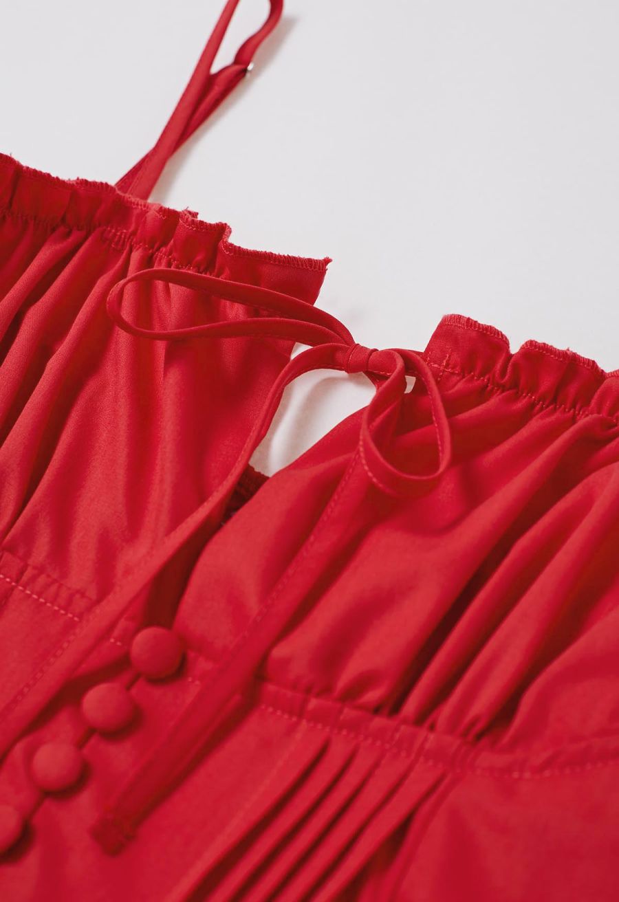Button Decor Pintuck Eyelet Shirred Dress in Red