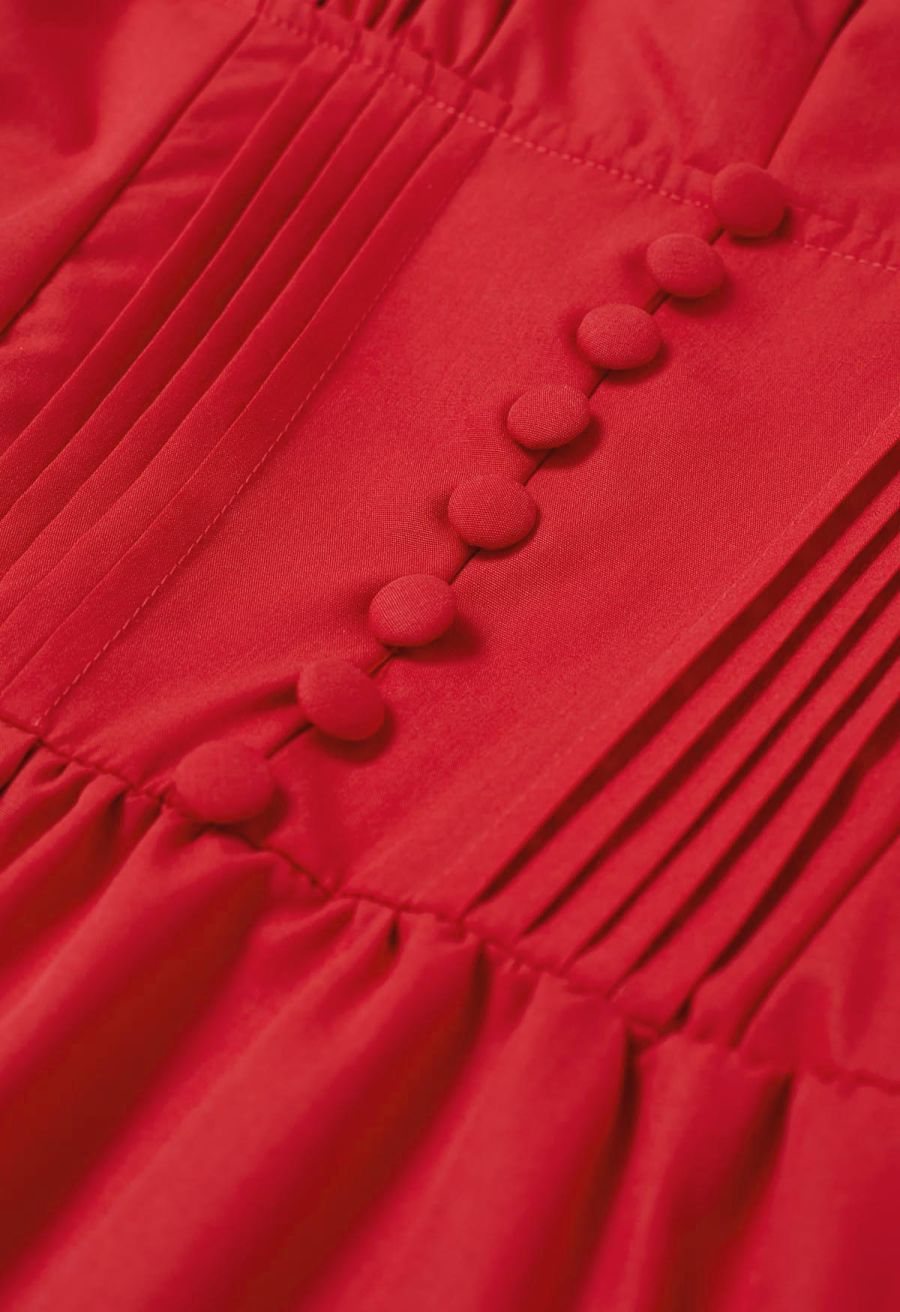 Button Decor Pintuck Eyelet Shirred Dress in Red