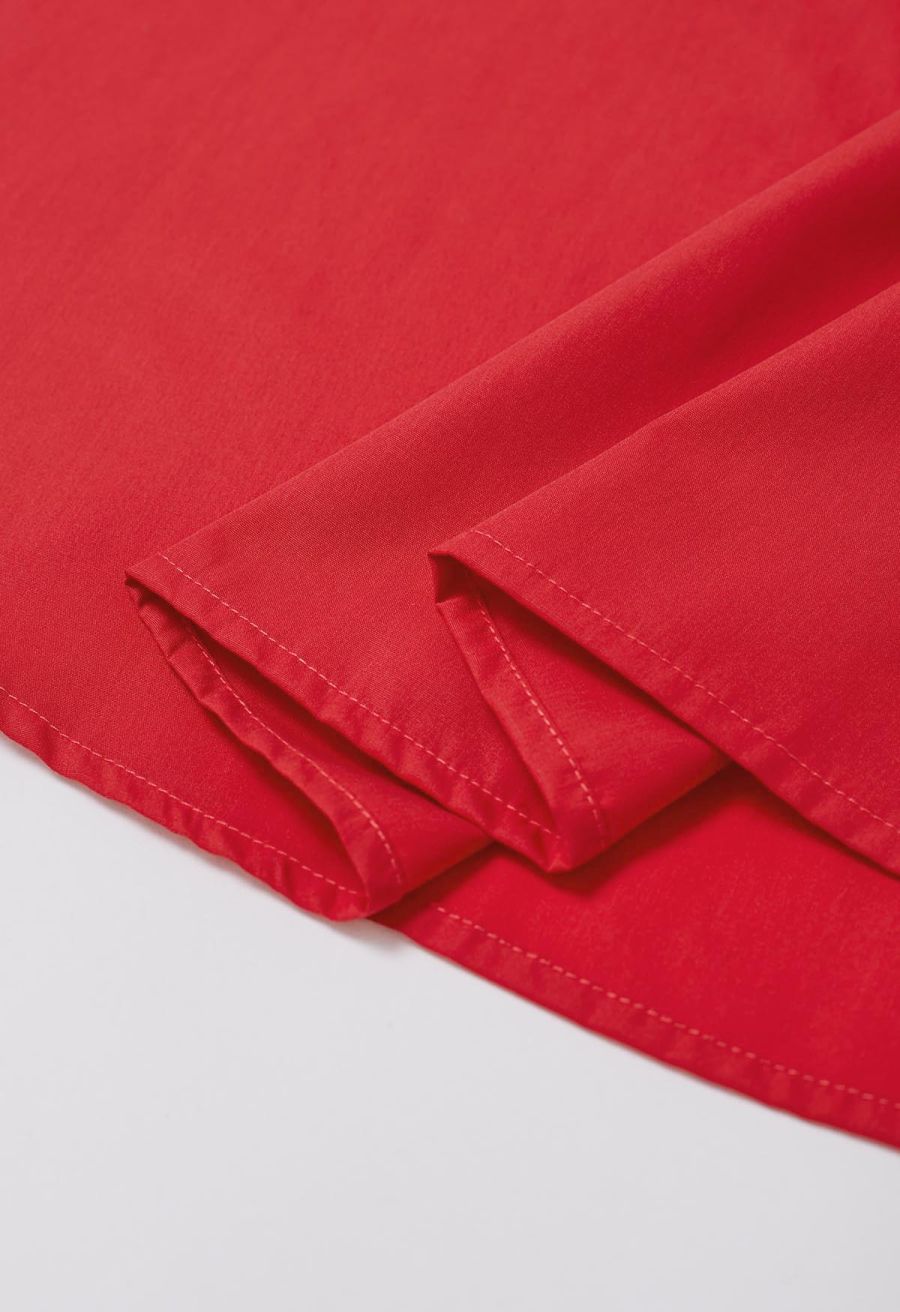 Button Decor Pintuck Eyelet Shirred Dress in Red
