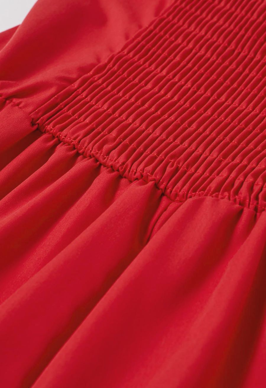Button Decor Pintuck Eyelet Shirred Dress in Red