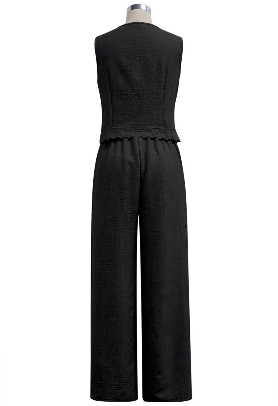 Lace Trim Buttoned Vest and Pants Set in Black