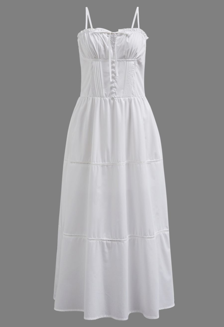 Button Decor Pintuck Eyelet Shirred Dress in White