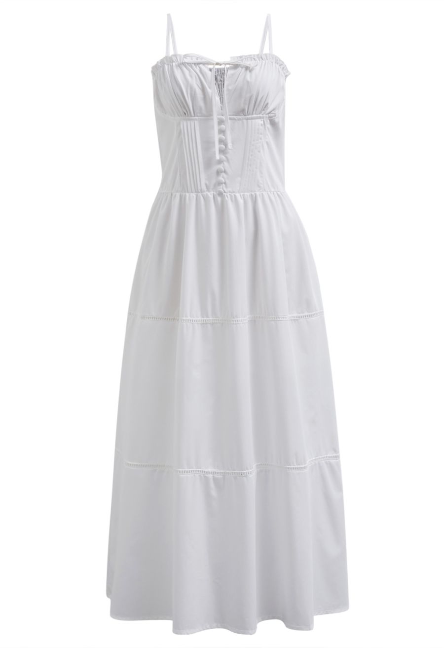 Button Decor Pintuck Eyelet Shirred Dress in White