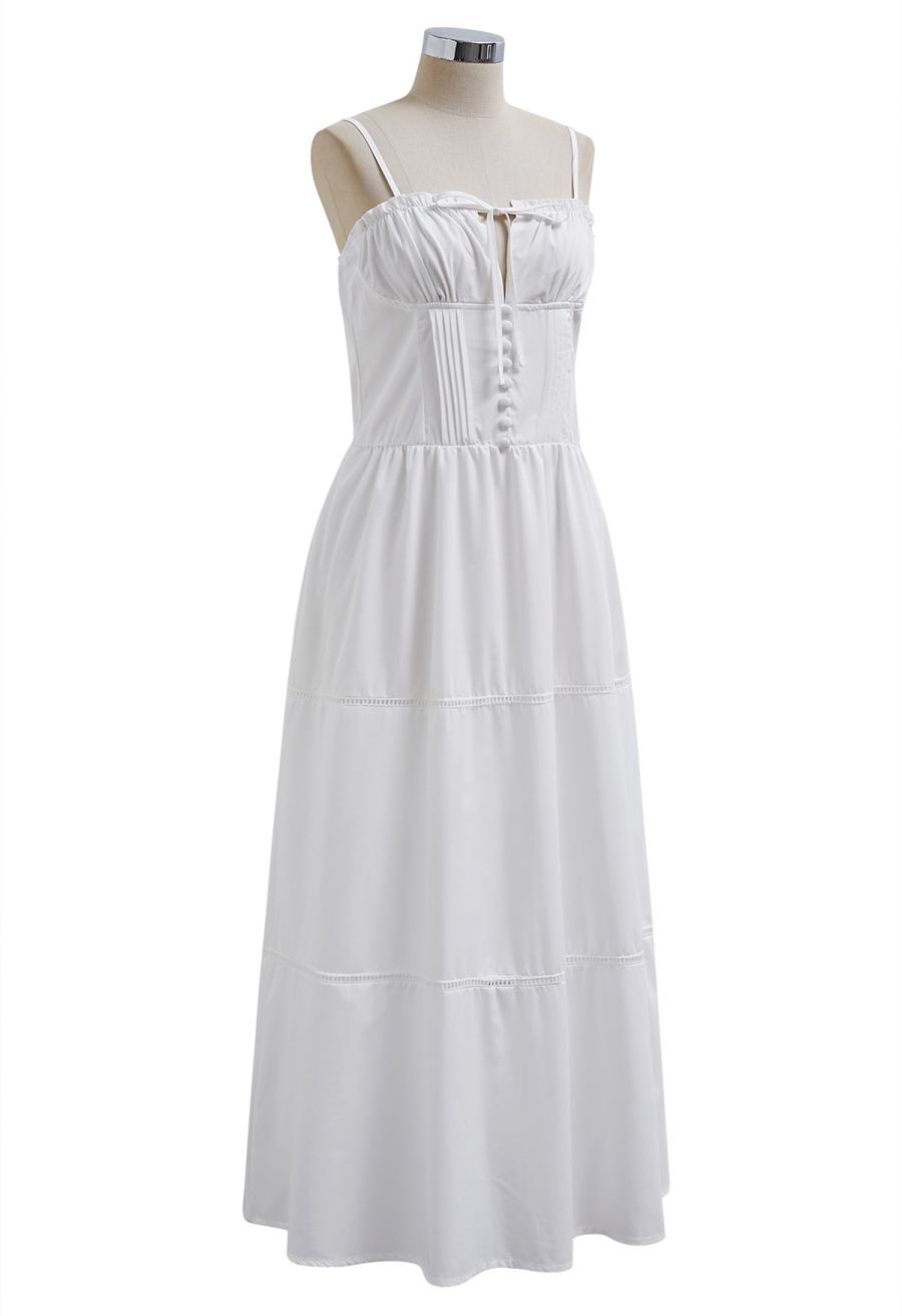 Button Decor Pintuck Eyelet Shirred Dress in White