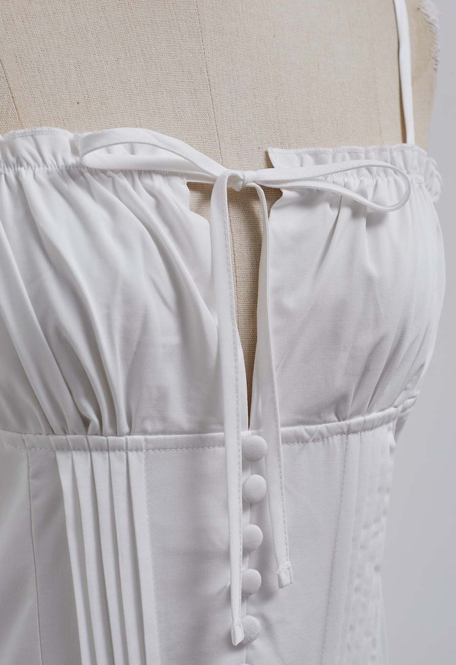 Button Decor Pintuck Eyelet Shirred Dress in White