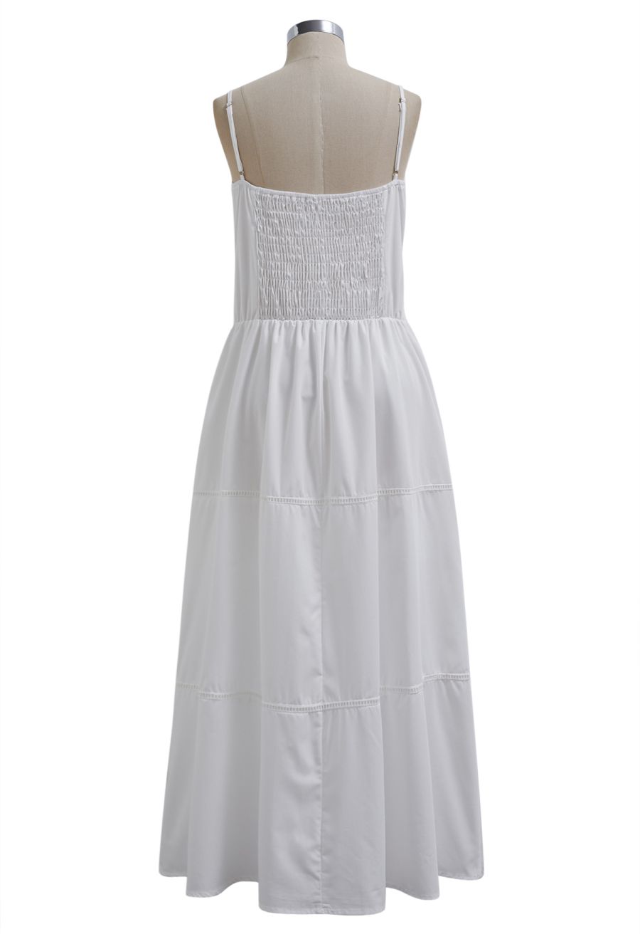 Button Decor Pintuck Eyelet Shirred Dress in White