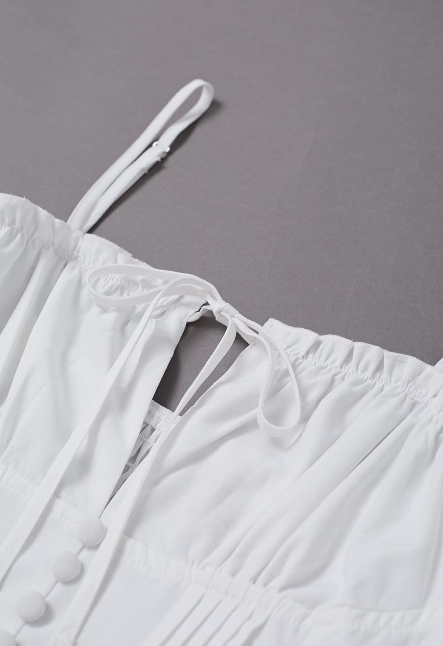 Button Decor Pintuck Eyelet Shirred Dress in White