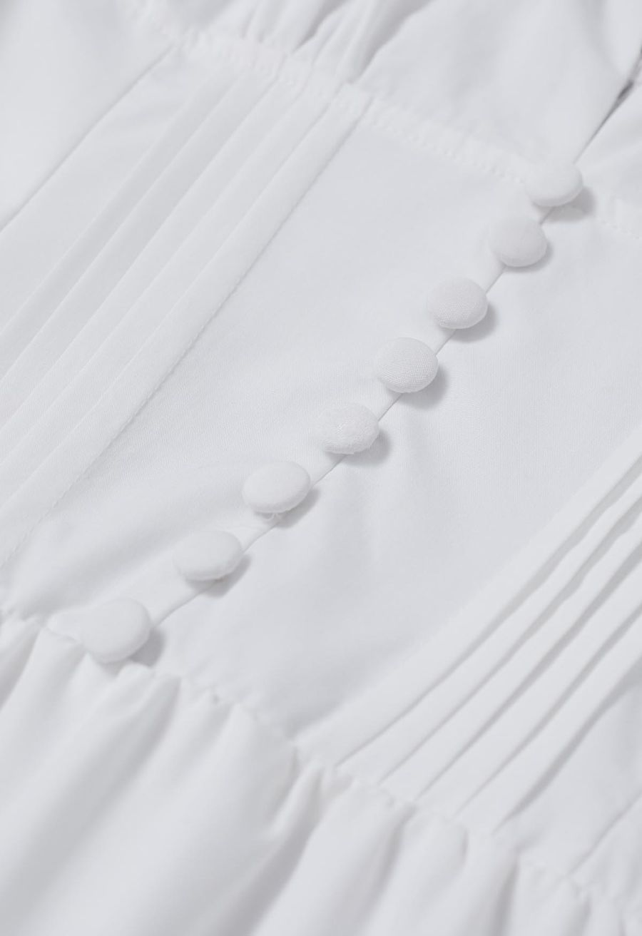 Button Decor Pintuck Eyelet Shirred Dress in White