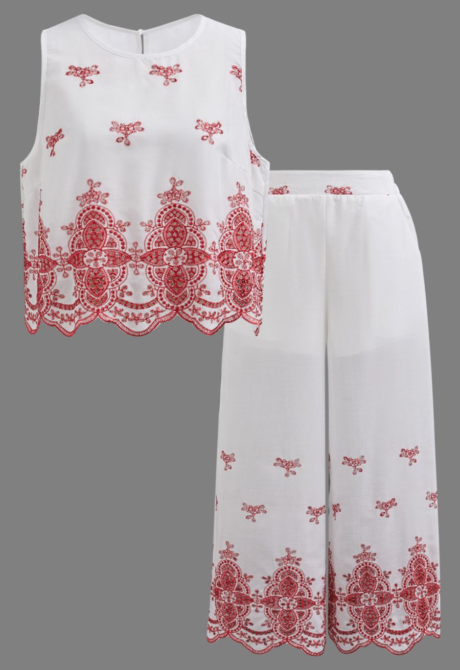 Tile-Inspired Embroidery Sleeveless Top and Pants Set in Red